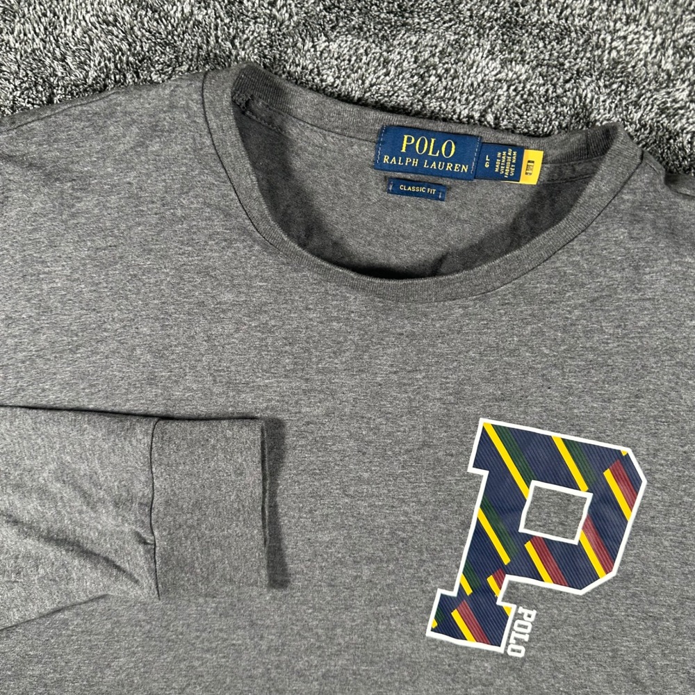 Polo Ralph Lauren Shirt Mens Large Classic Fit Grey Varsity P Long Sleeve Tee